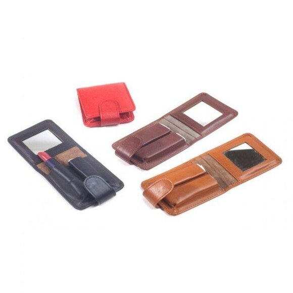 Bella Full Grain Leather Double Lipstick Case Holder with Mirror 4 Color's - Picture 8 of 9